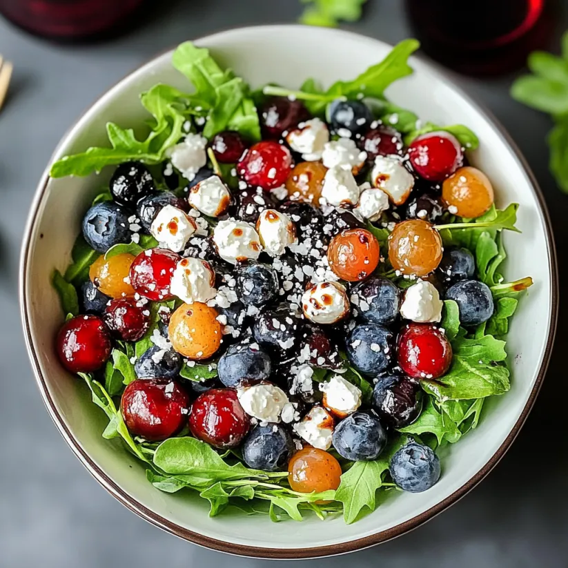 A bowl of salad with blueberries, cranberries, and cheese.