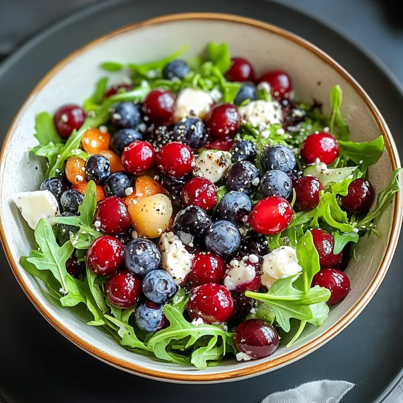 A bowl of salad with blueberries, cranberries, and cheese.