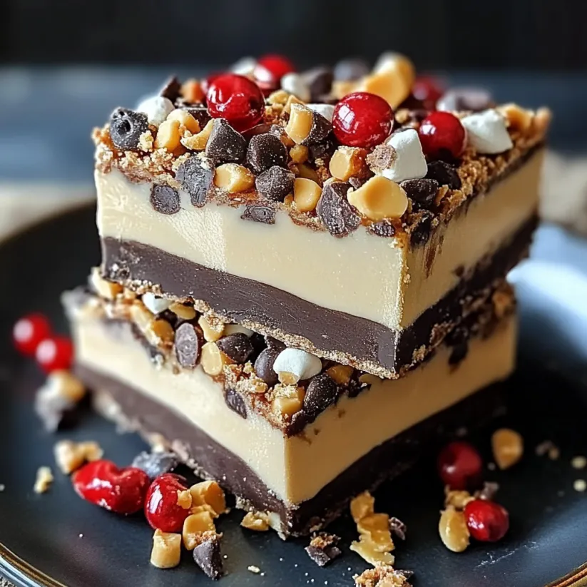 A close up of a dessert bar with chocolate and nuts.