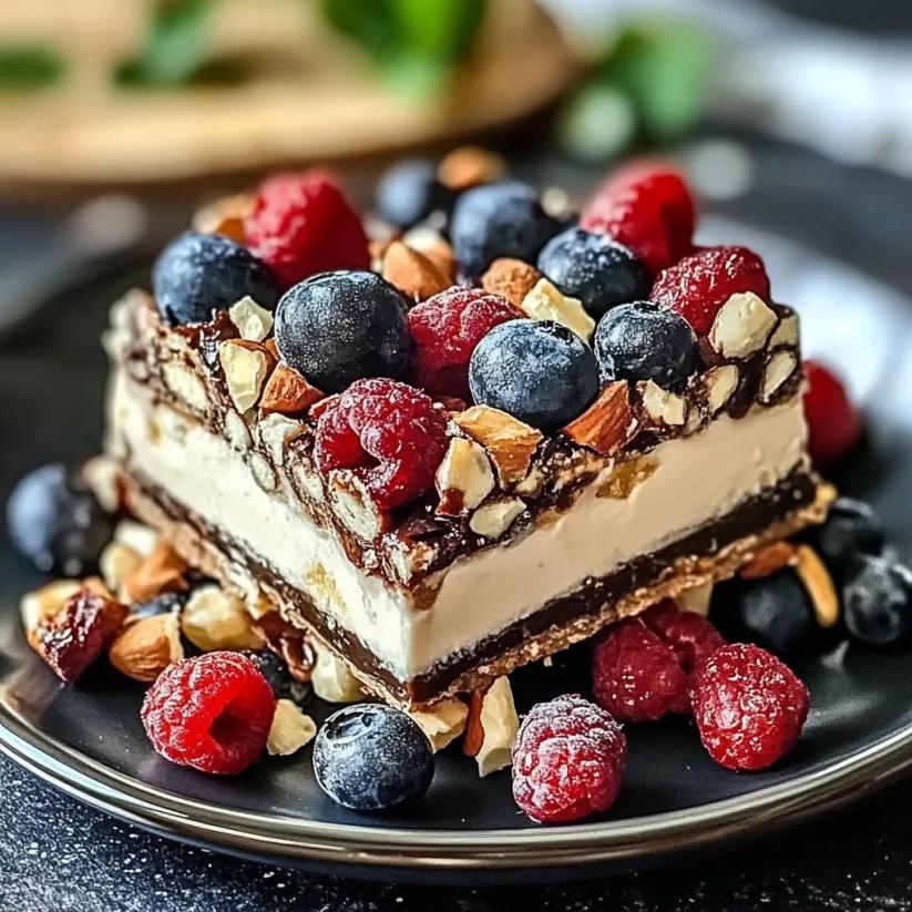 A close up of a dessert bar with berries and nuts.