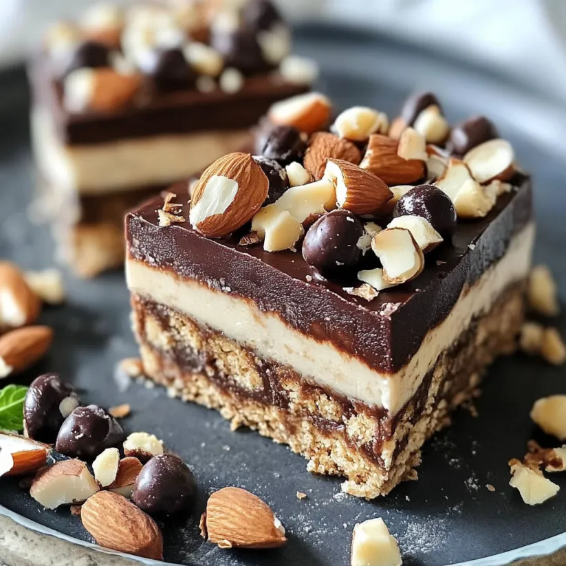 A slice of chocolate and almond dessert bar.