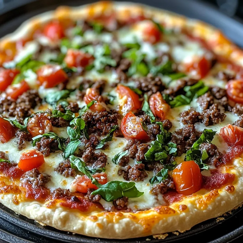 A pizza with tomatoes, cheese, and beef on a pan.