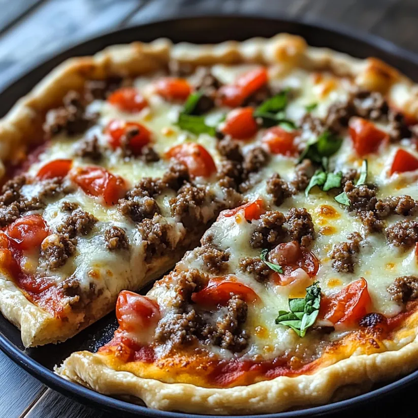A pizza with tomatoes and meat on it.
