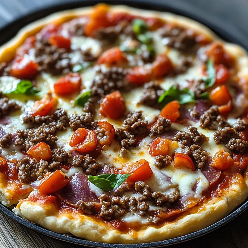 A pizza pie with tomatoes and meat on top.