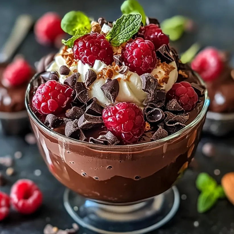 A bowl of chocolate mousse with raspberries on top.