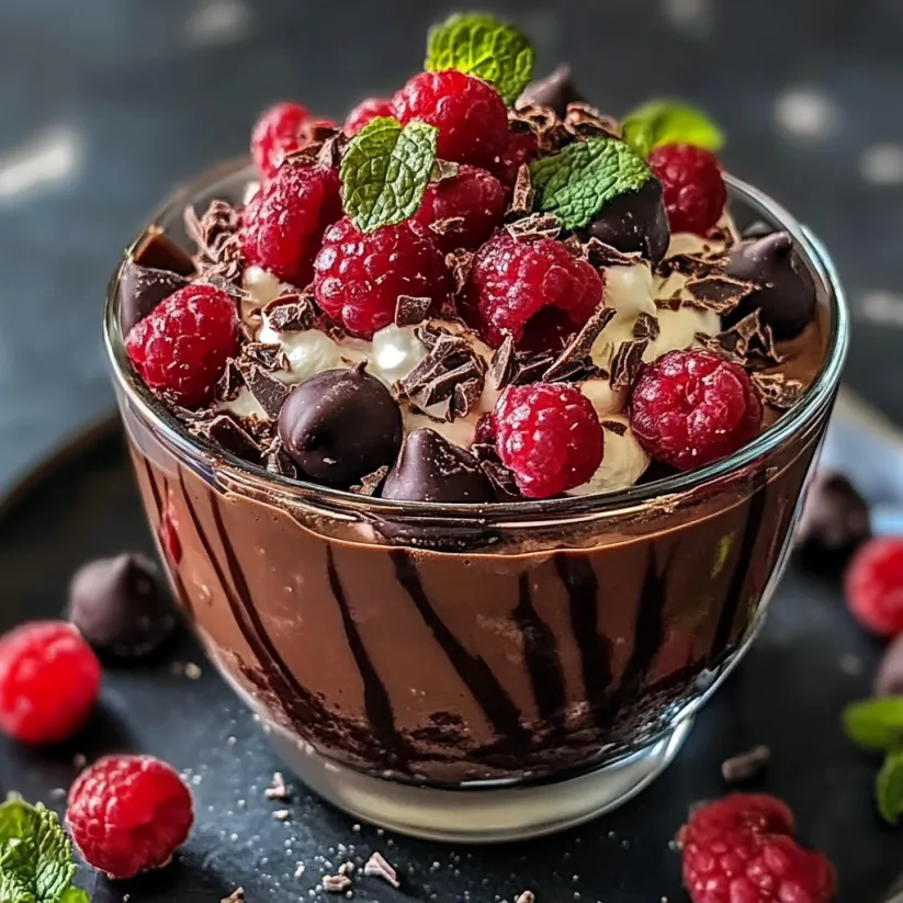 A glass of chocolate mousse with raspberries on top.