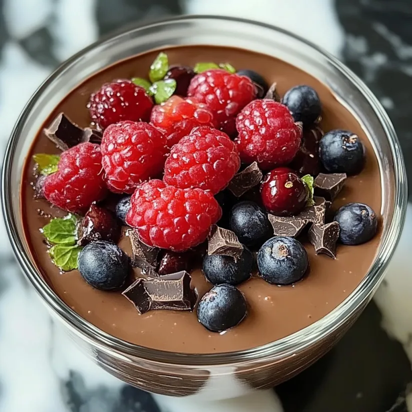 A bowl of chocolate mousse with raspberries and blueberries.