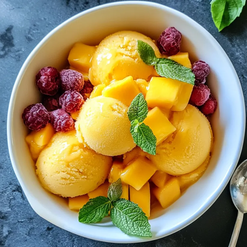 A bowl of mango sorbet with a spoon in it.