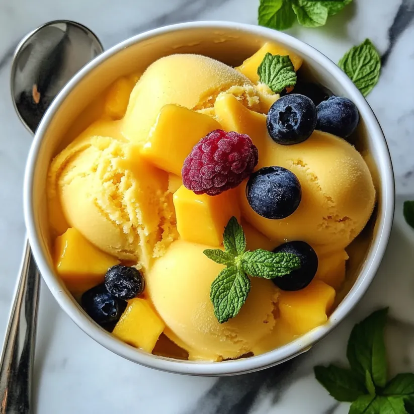 A bowl of mango sorbet with blueberries and mint.