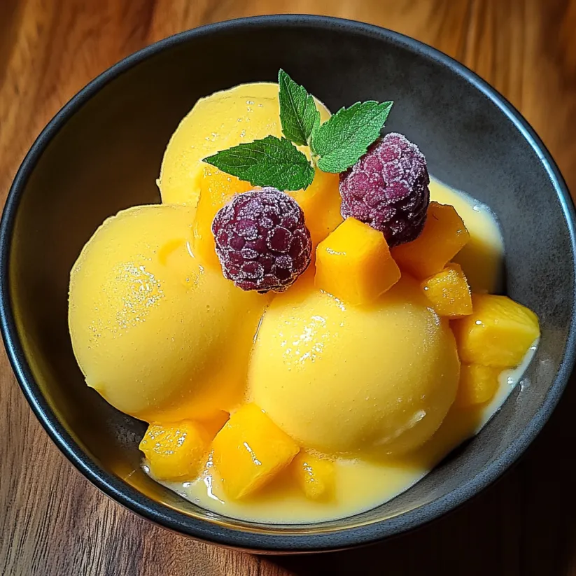 A bowl of mango sorbet with a green leaf on top.