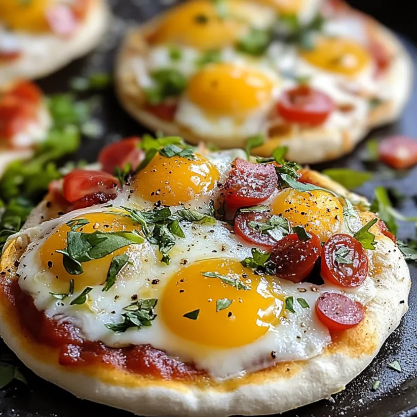 A breakfast pizza with eggs and tomatoes.