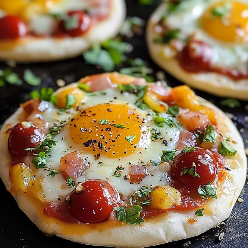 A breakfast pizza with eggs and tomatoes.