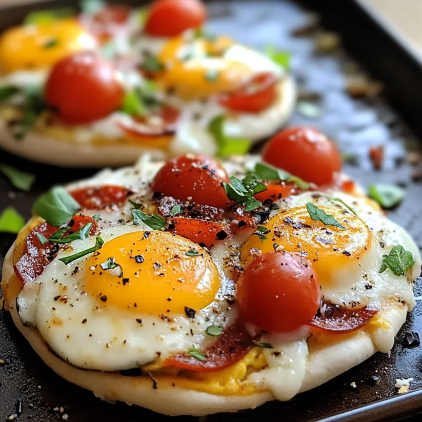 A breakfast pizza with eggs, tomatoes, and cheese.