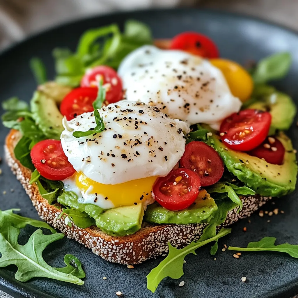 A plate of avocado toast with poached eggs.