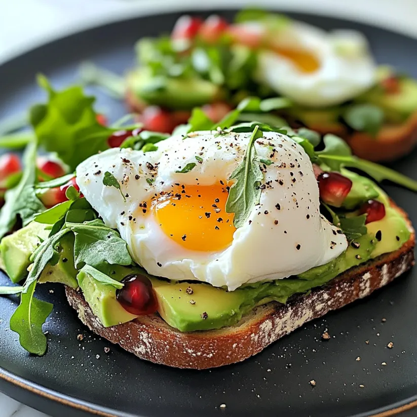 A plate of food with a poached egg on top of a slice of bread with avocado.