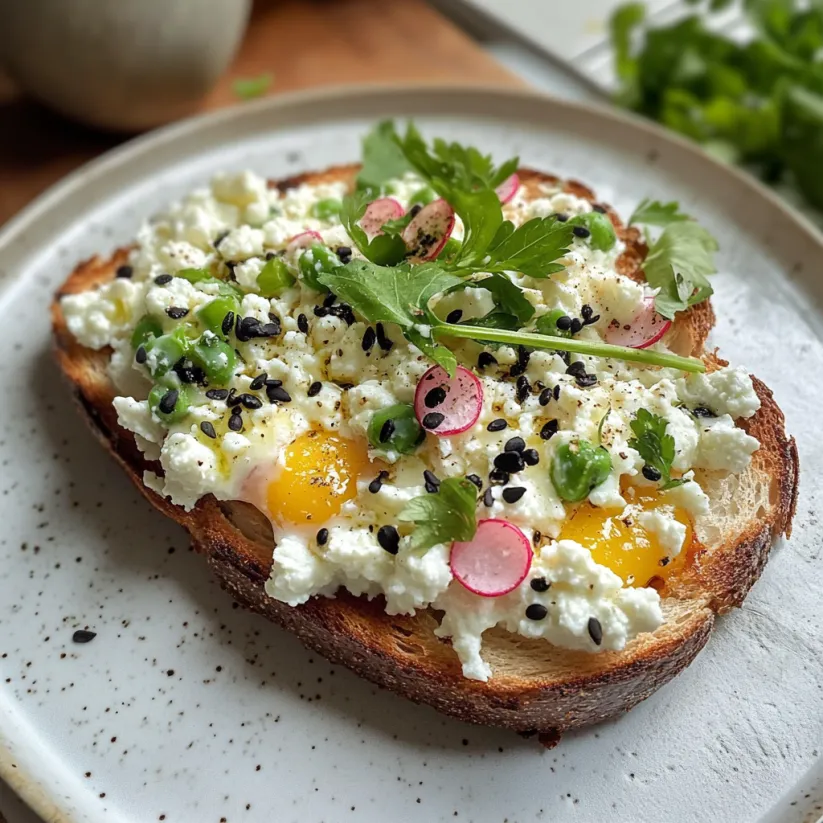 A plate of food with a slice of bread and feta cheese.