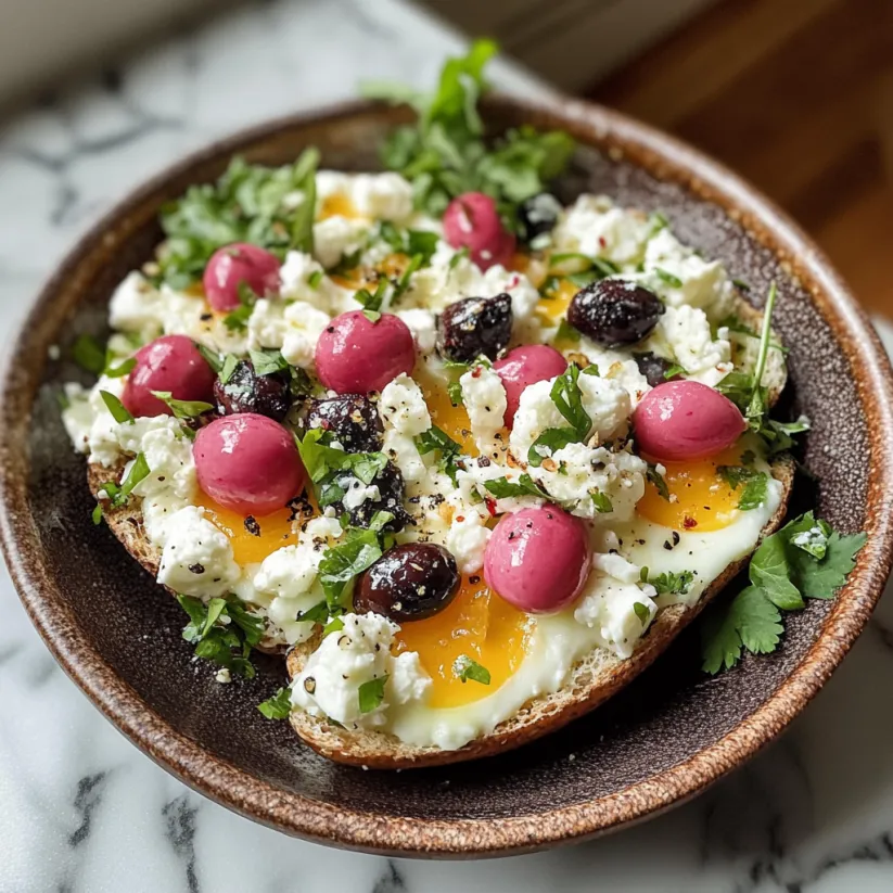 A bowl of food with feta cheese and eggs.