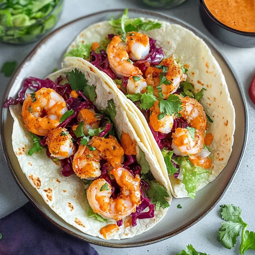A plate of shrimp tacos with sauce.