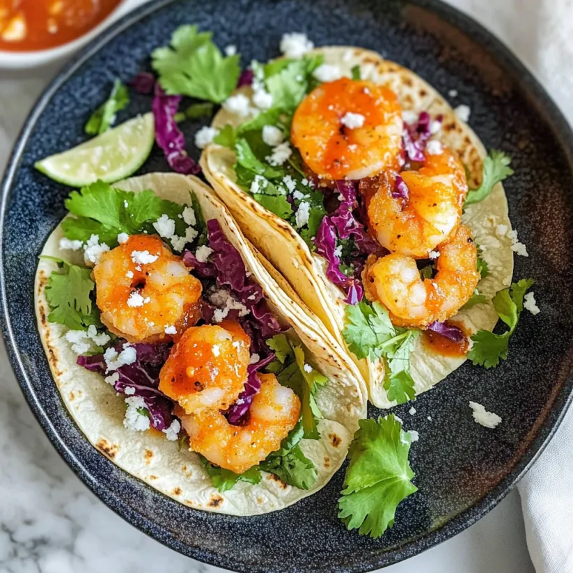A plate of shrimp tacos with lettuce and tomatoes.