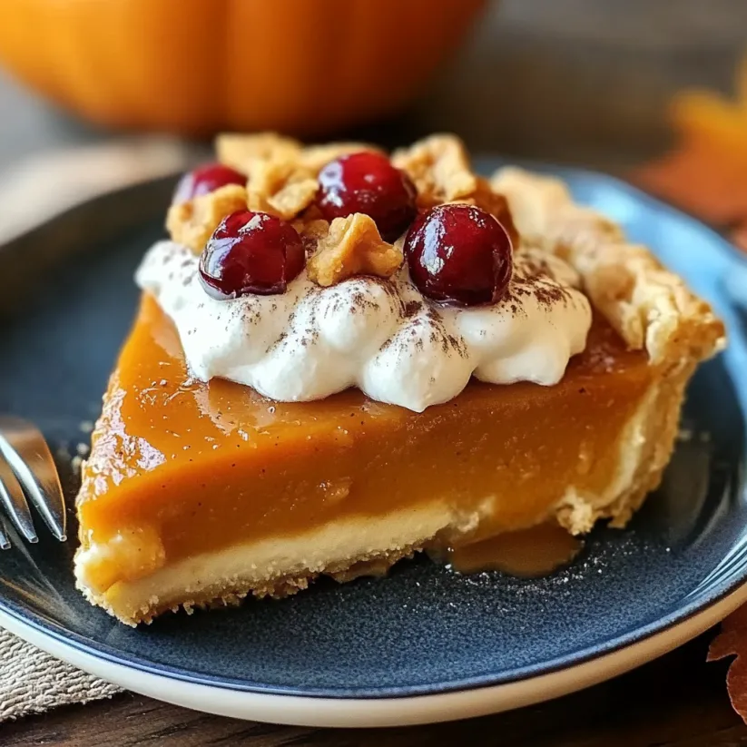A slice of pie with whipped cream and cherries on top.