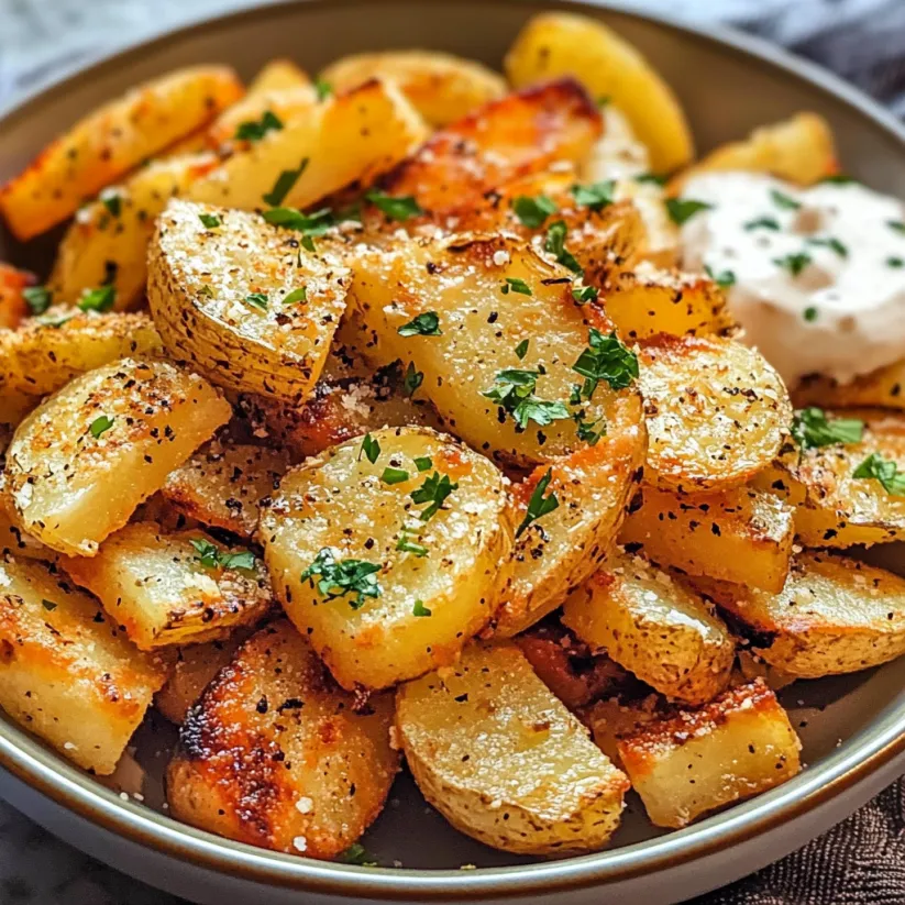 A bowl of cottage fries with white sauce.
