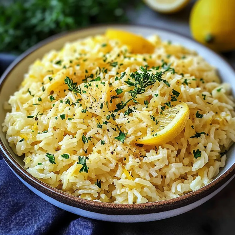 A bowl of rice with lemon and herbs on top.