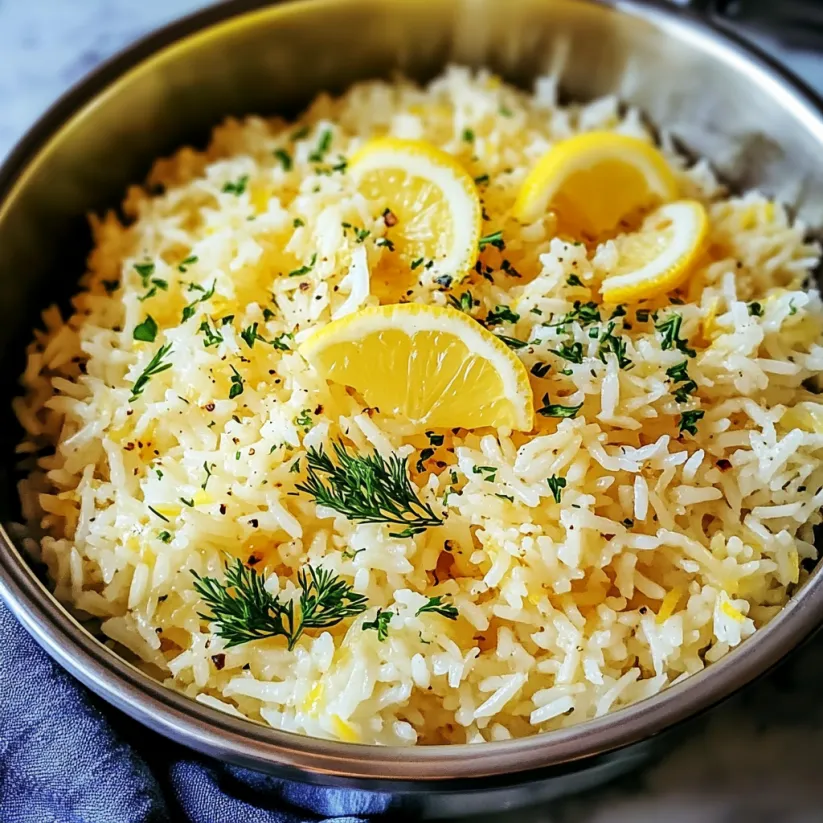 A bowl of rice with lemon slices on top.