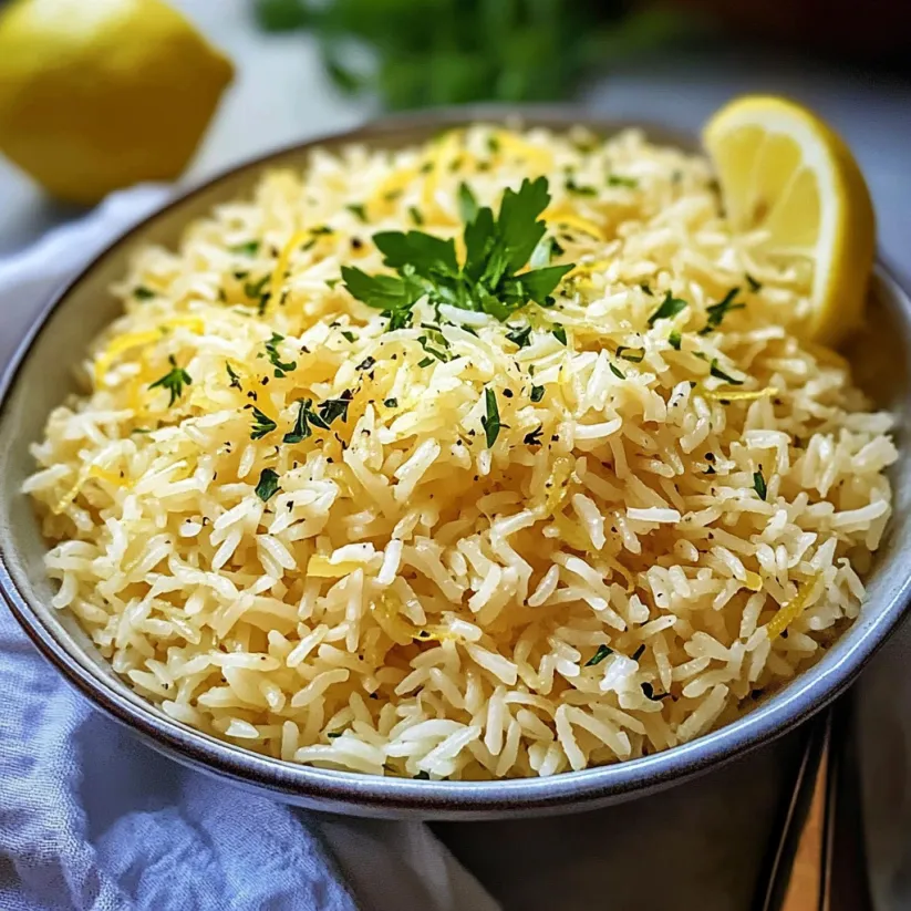 A bowl of rice with lemon and herbs on top.