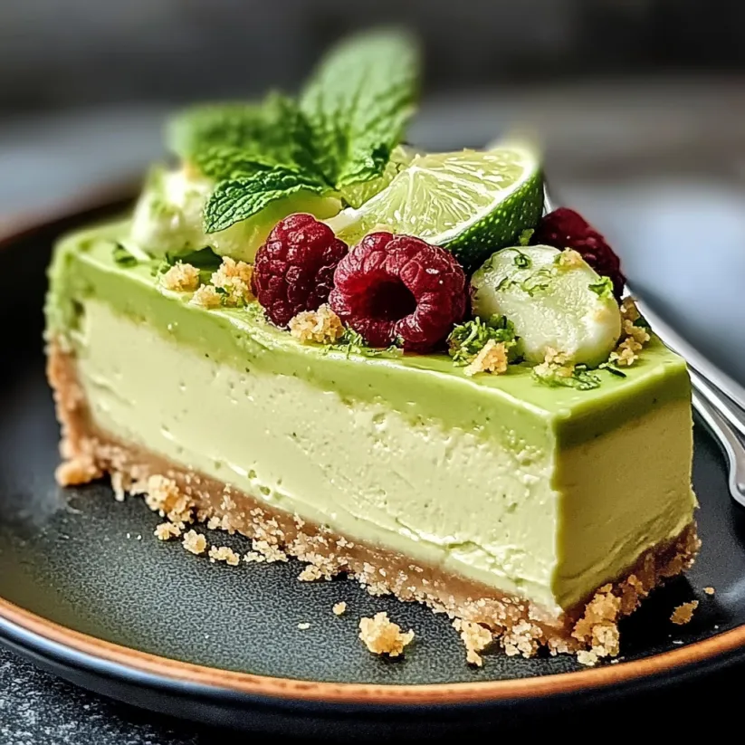 A slice of avocado lime cheesecake with mint leaves on top.
