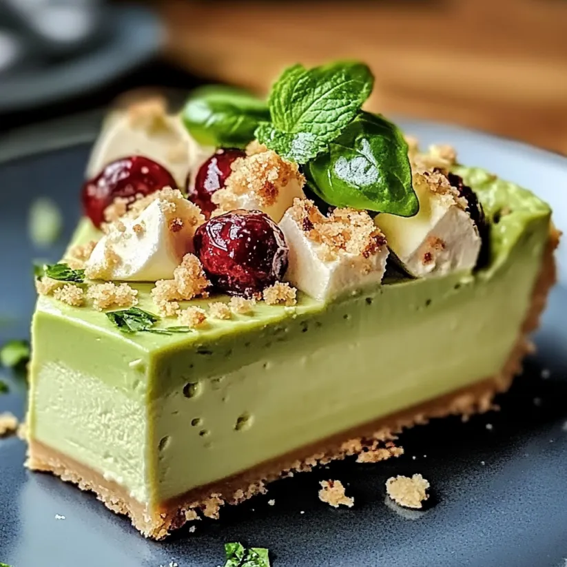 A slice of green cheesecake with a mint leaf on top.