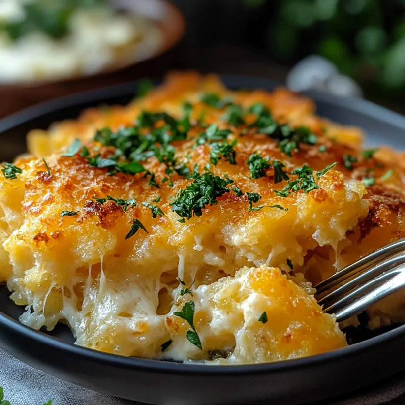A close up of a cheesy hashbrown casserole.