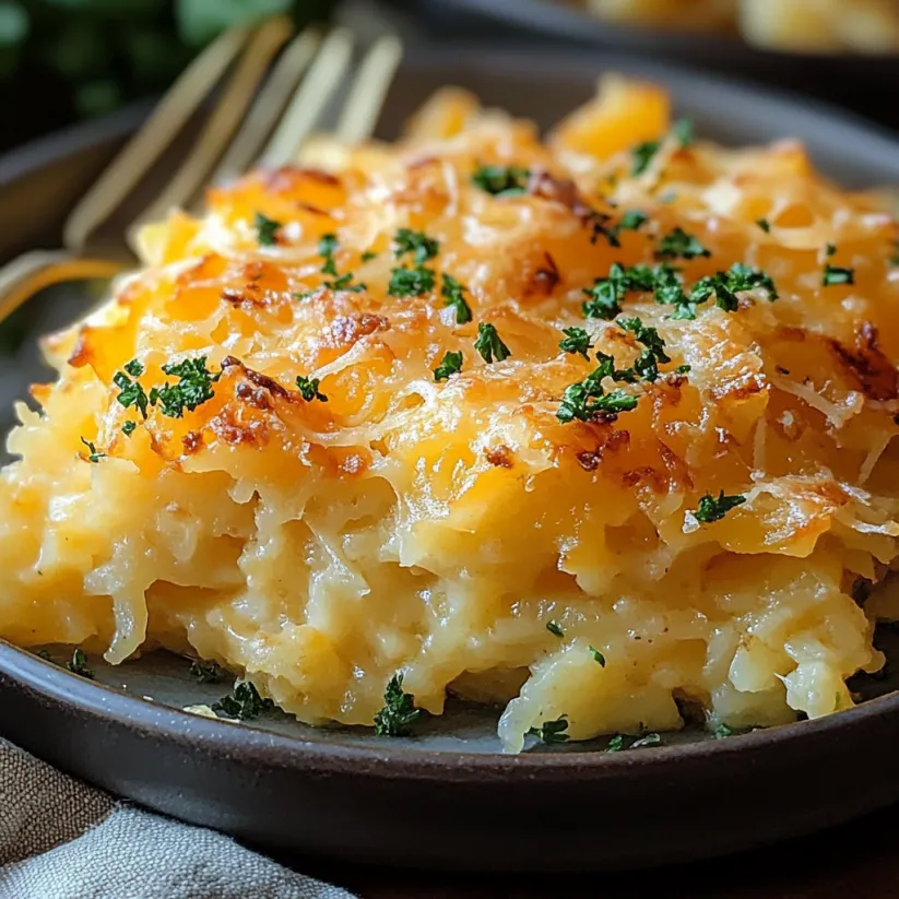 A cheesy hashbrown casserole on a plate.