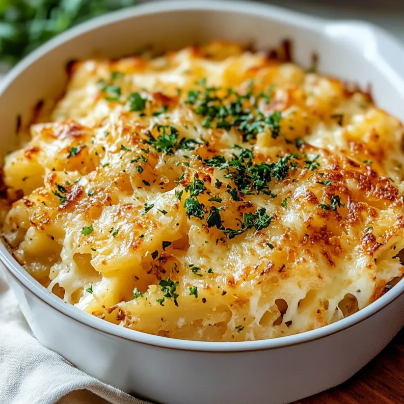A white bowl filled with a cheesy hashbrown casserole.