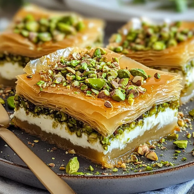 A slice of honey pistachio baklava cheesecake.