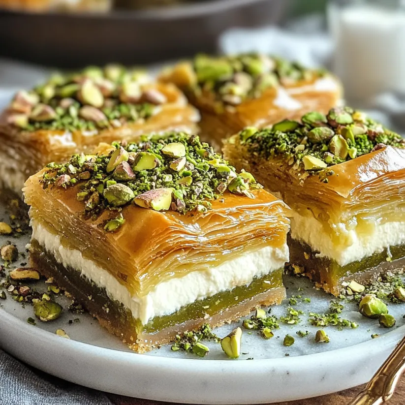 A plate with two pieces of Honey Pistachio Baklava Cheesecake.
