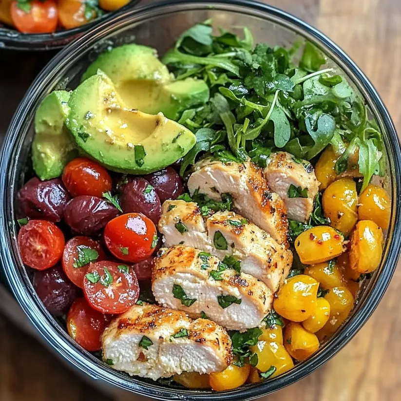 A bowl of food with chicken, avocado, tomatoes, and lettuce.