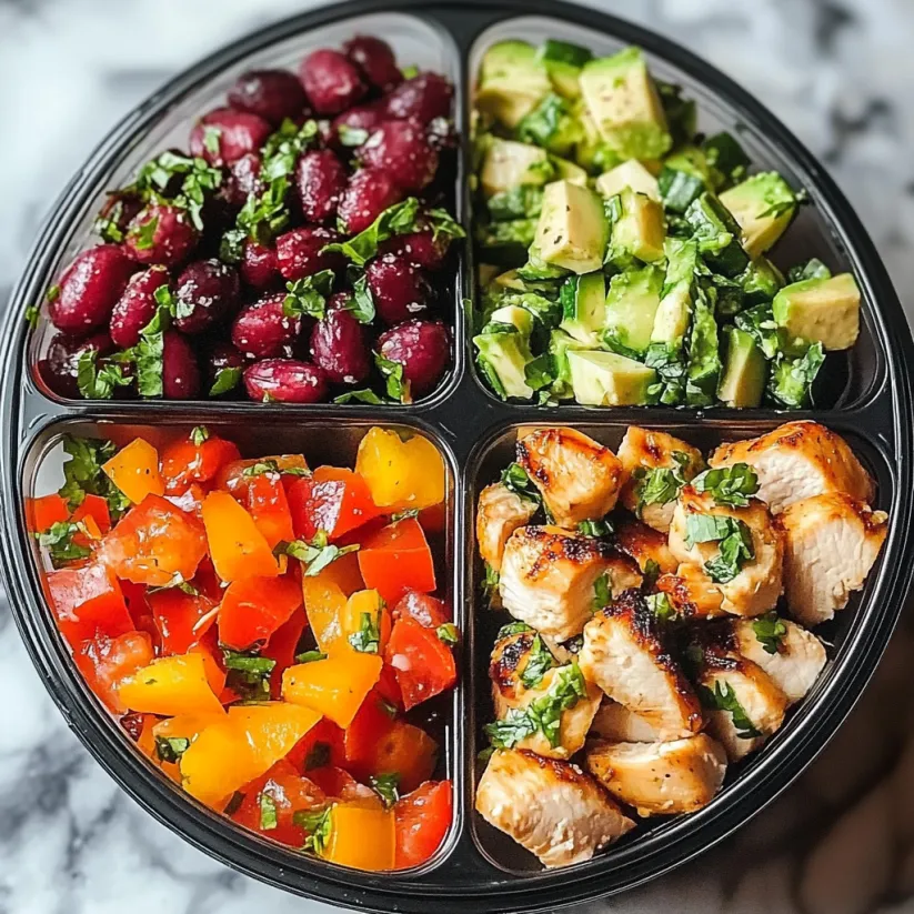 A bowl of food with chicken, vegetables, and fruits.