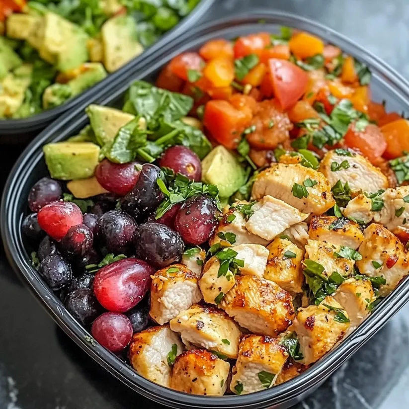 A bowl of food with chicken, avocado, tomato, and other vegetables.