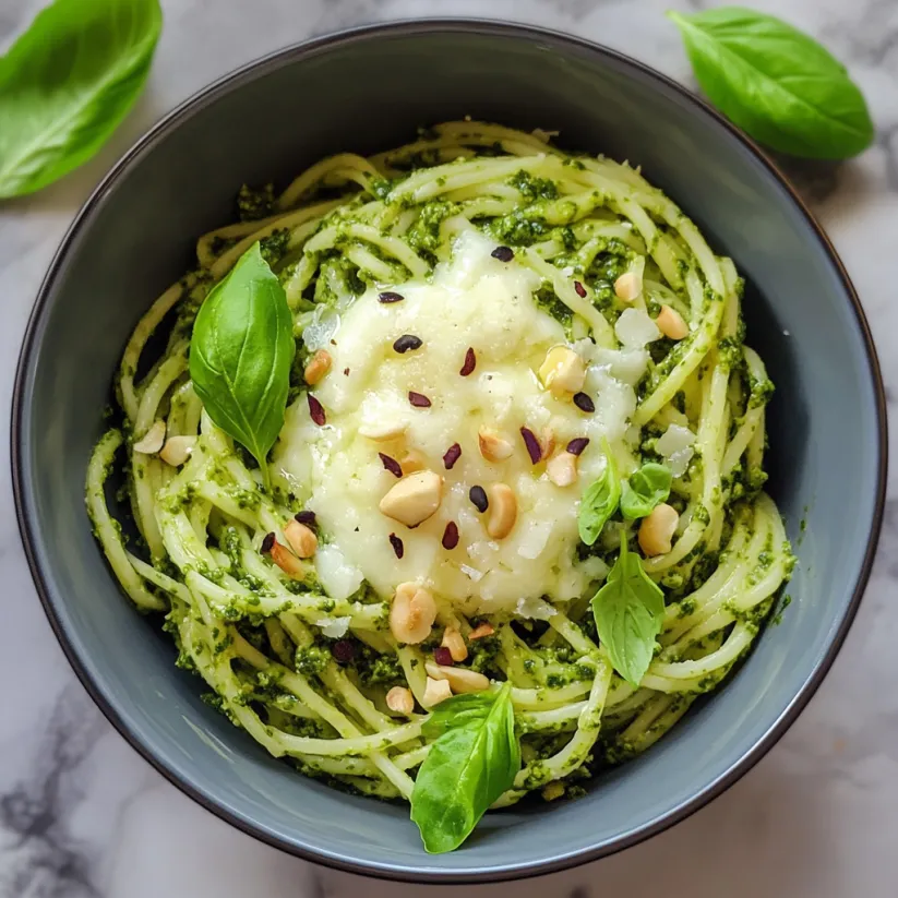 A bowl of pasta with pesto and nuts.