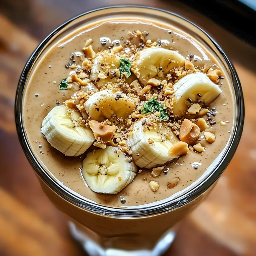 A glass of banana and peanut butter smoothie.