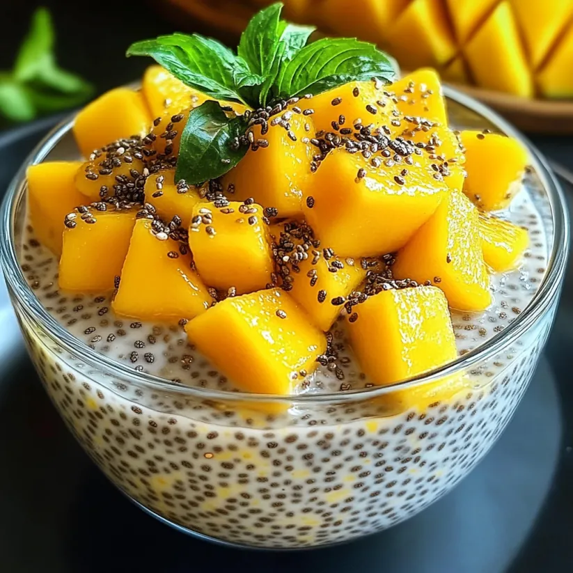 A bowl of creamy chia pudding with fresh mango.