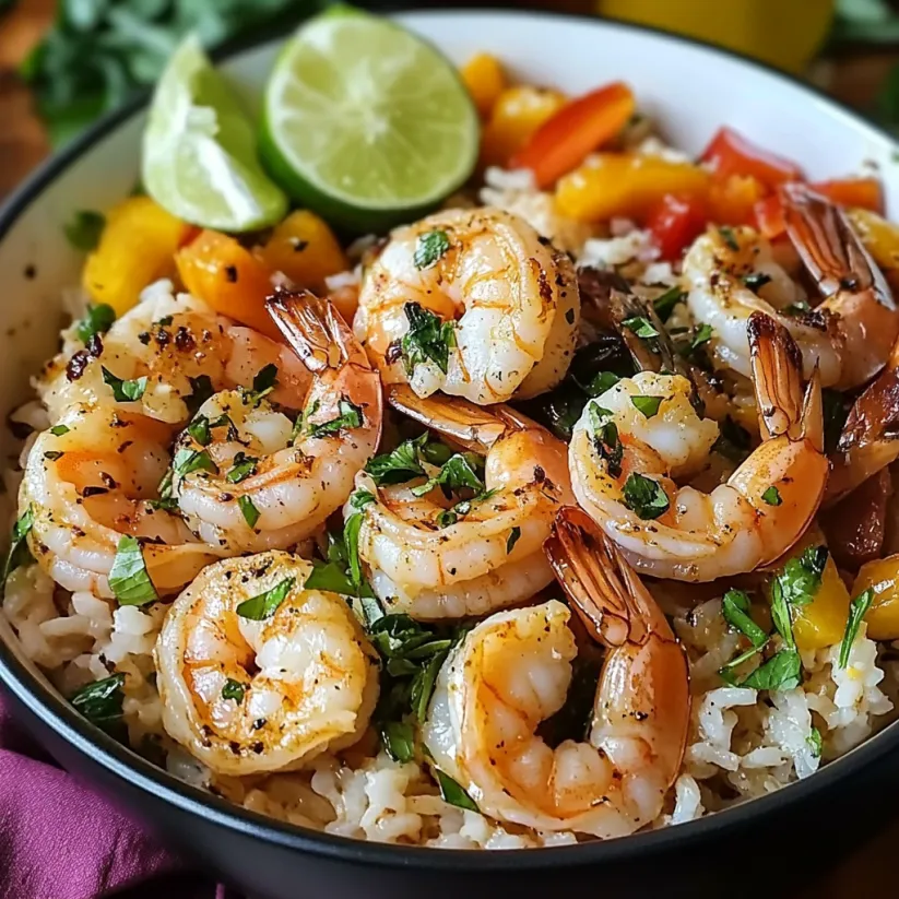 A bowl of shrimp and rice with limes and other vegetables.
