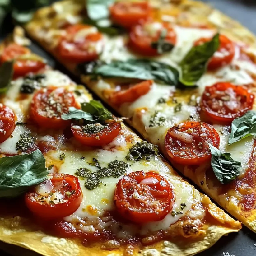 A pizza with tomatoes and basil on top.