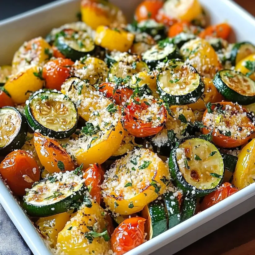 A dish of roasted garlic, Parmesan, zucchini, squash and tomatoes.