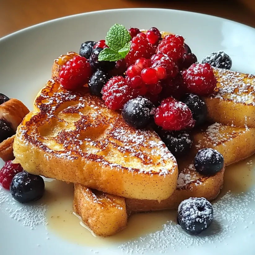 A plate of food with berries and a french toast.