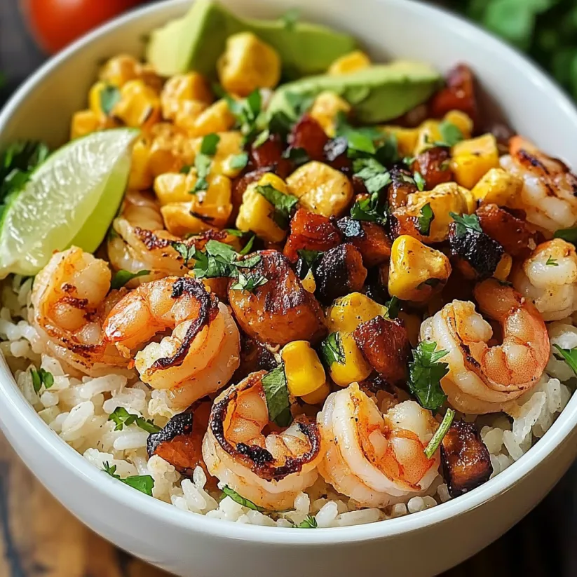 A bowl of food with shrimp, corn, and avocado.