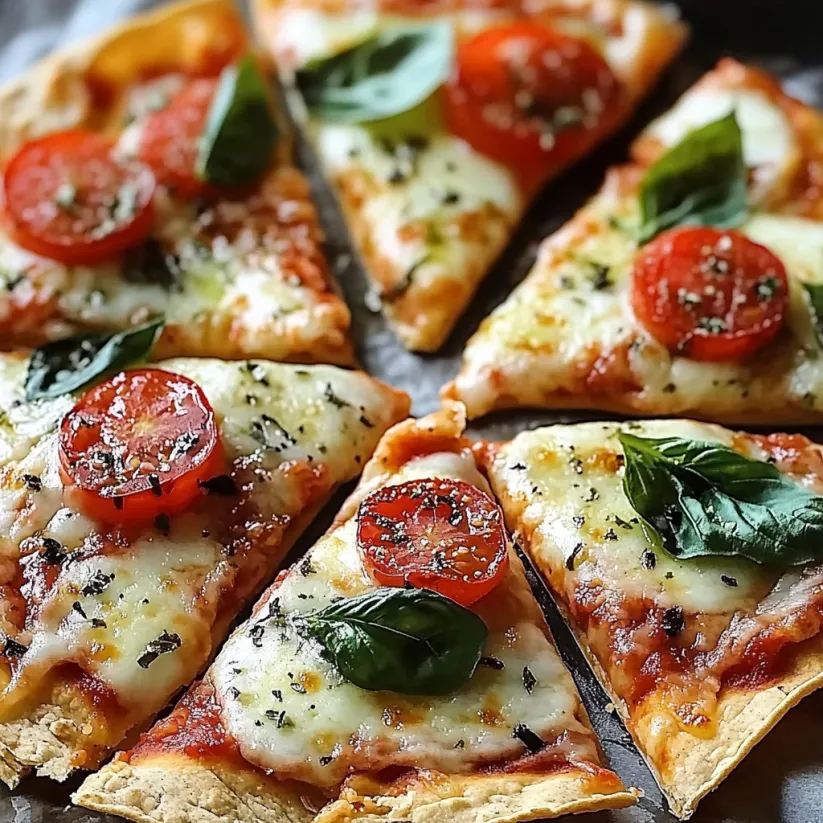 A pizza with tomatoes and basil on top.
