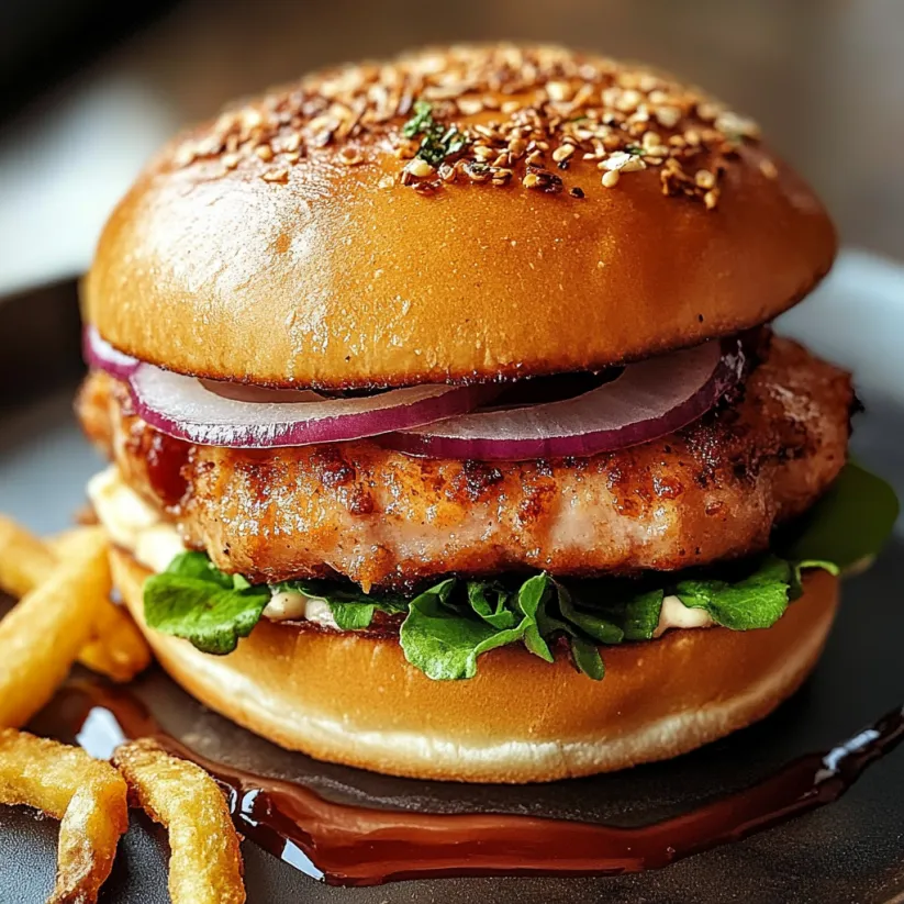 A pork tenderloin sandwich with onions and lettuce.