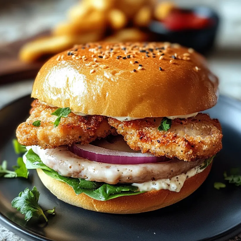 A pork tenderloin sandwich with lettuce, tomato, and onion.