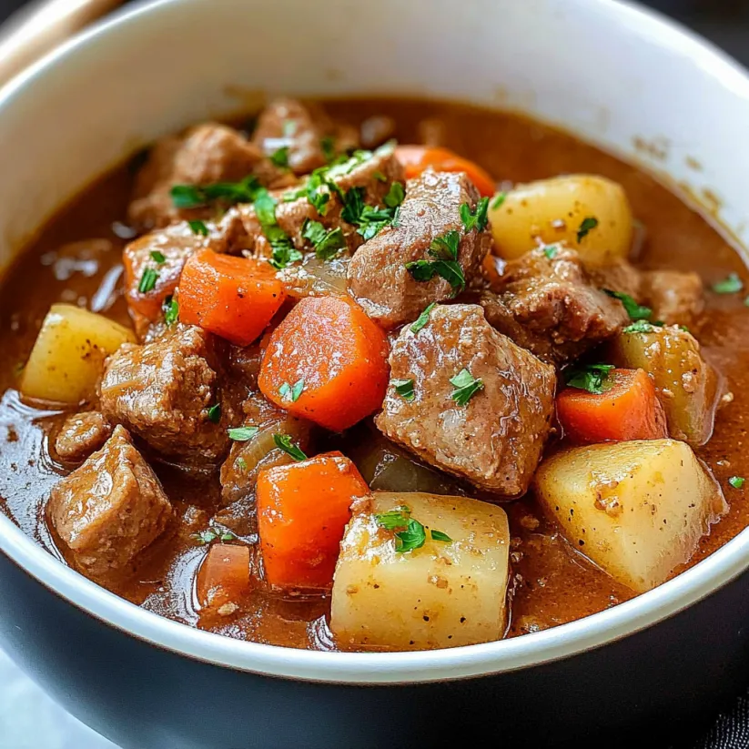 A bowl of pork stew with carrots and potatoes.